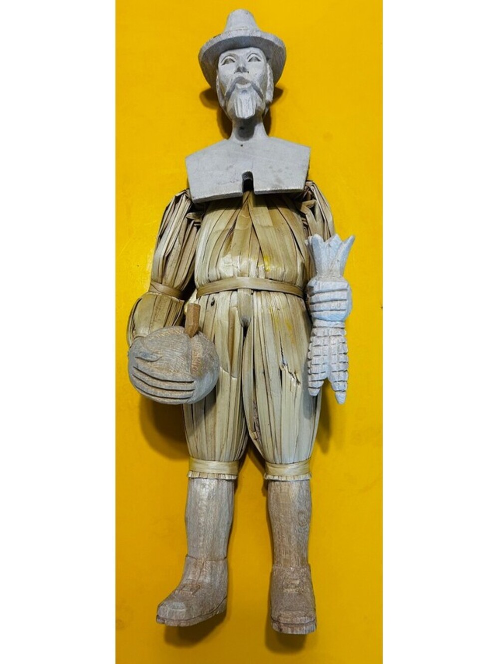 Vintage Hand-Carved Wood & Woven Straw Pilgrim Man Figurine - 18"